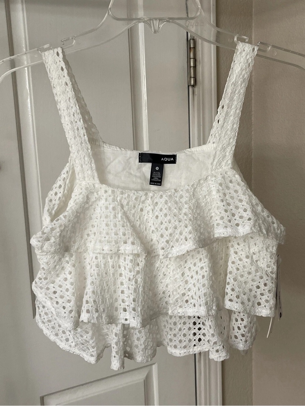 Aqua White Eyelet Ruffle Crop Top